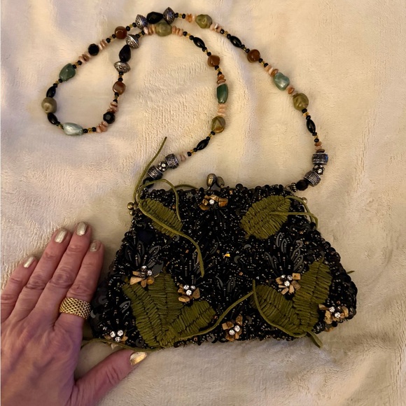 Mary Frances Beaded Evening Bag with Floral/Leaf Design and Metal Frame